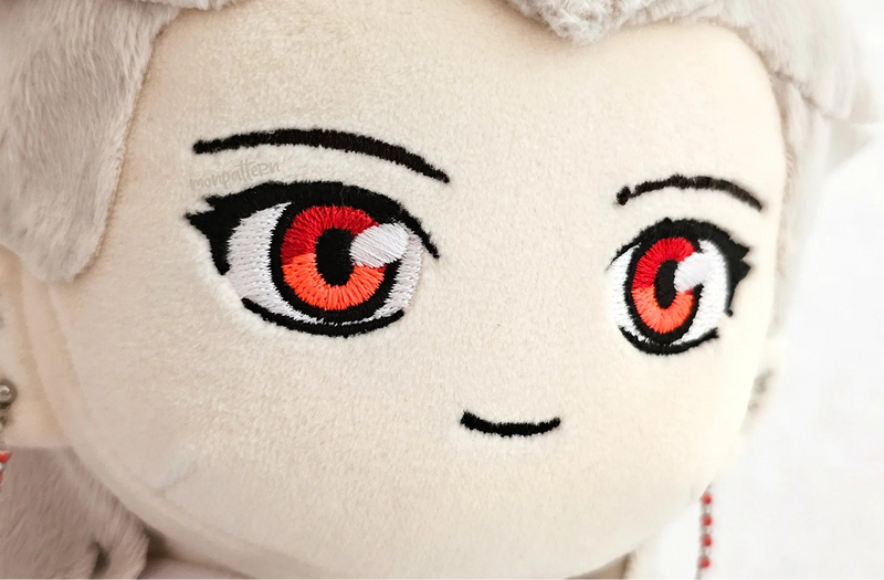Embroidered chibi plush face, anime-style eyes and mouth details, handmade plush doll, kawaii plush sewing pattern, customizable plush facial design, DIY anime plush
