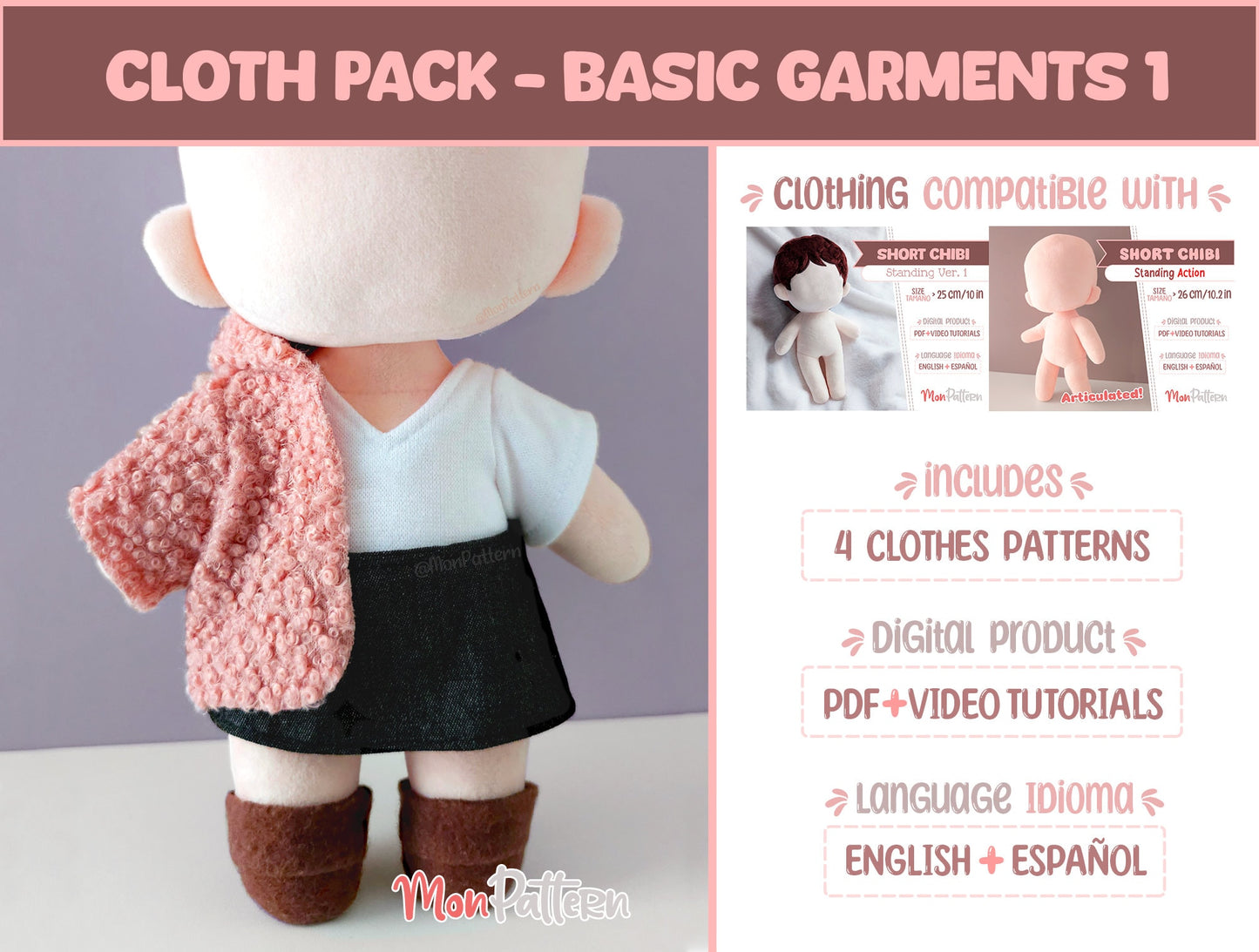 cloth pack - basic clothes 1 (for short chibi unisex + action). beginner doll clothing sewing patterns. digital pdf with video tutorials. anime plush.