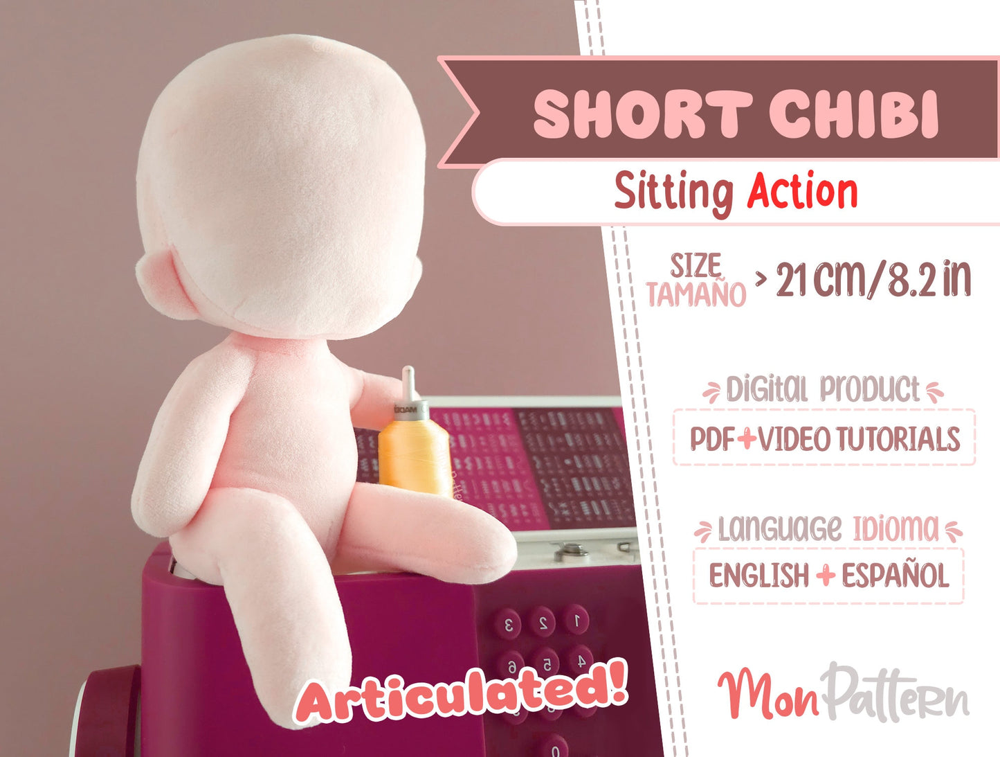 short chibi sitting action, beginner plush sewing pattern. posable articulated skeleton anime plush 20 cm 7.8 in. digital pdf, with english spanish tutorial.