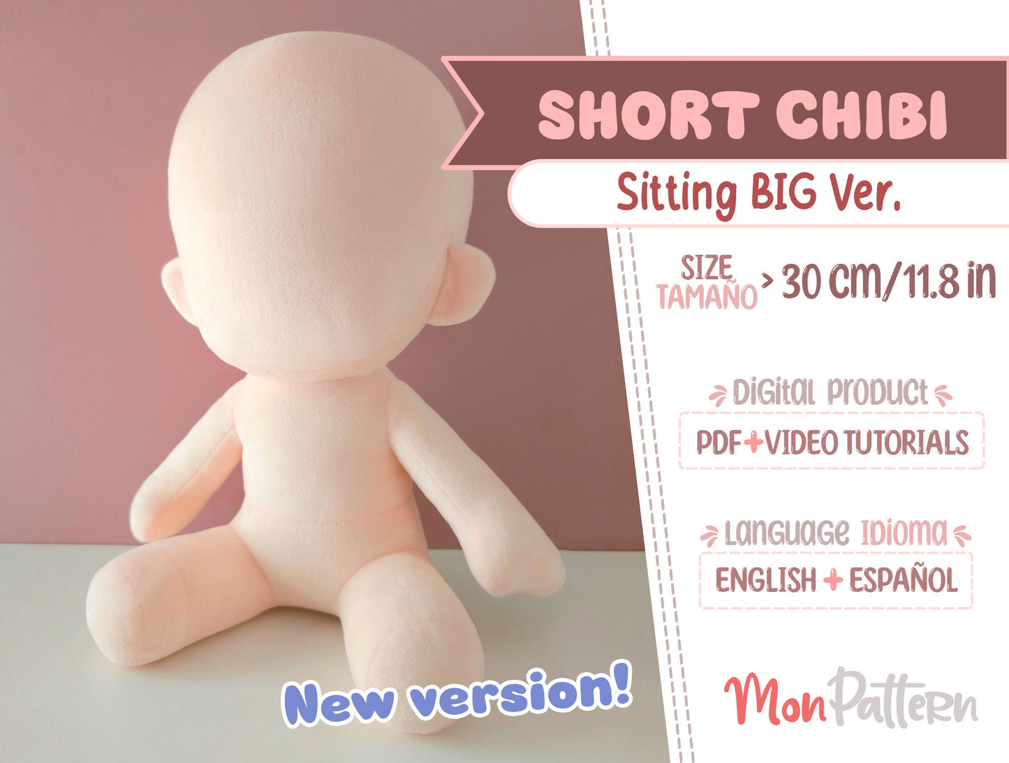 short chibi sitting big. digital pdf with video tutorials, 30 cm 11.8 in beginner anime plush sewing pattern.