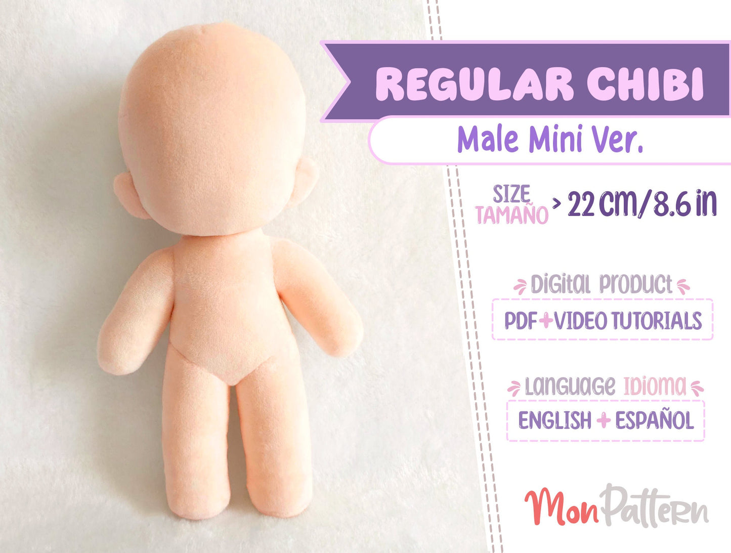 regular chibi - mini male. digital pdf with video tutorials, 22 cm 8.6 in beginner anime plush sewing pattern.