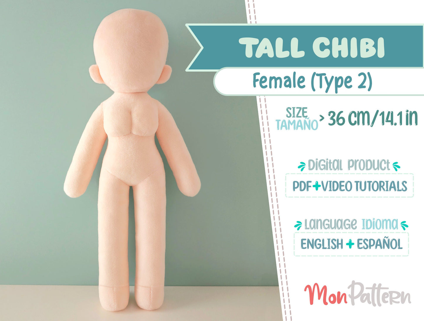 tall chibi female. digital pdf with video tutorials, 36 cm 14 in beginner anime plush sewing pattern.