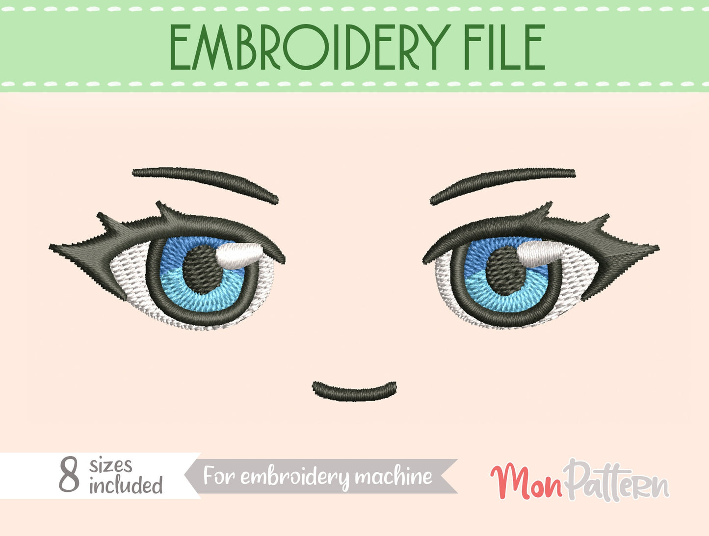 anime face for chibi plush - embroidery file - 8 sizes - digital english spanish tutorial