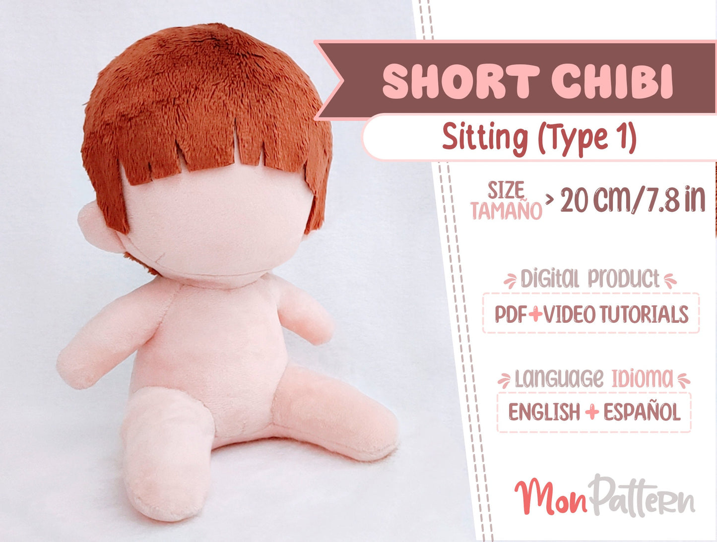 short chibi sitting. digital pdf with video tutorials, 20 cm 7.8 in beginner anime plush sewing pattern.