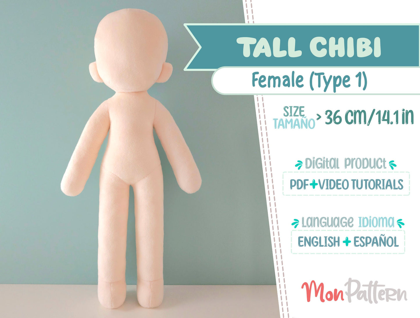 tall chibi female. digital pdf with video tutorials, 36 cm 14 in beginner plush sewing pattern.