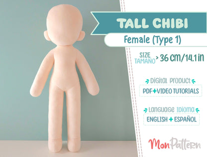 TALL CHIBI Female. Digital PDF with video tutorials, 36 cm 14 in Beginner Plush Sewing Pattern.