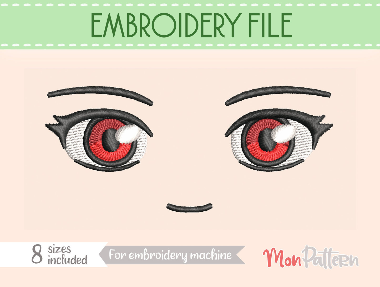 anime face for chibi plush - embroidery file - 8 sizes - digital english spanish tutorial