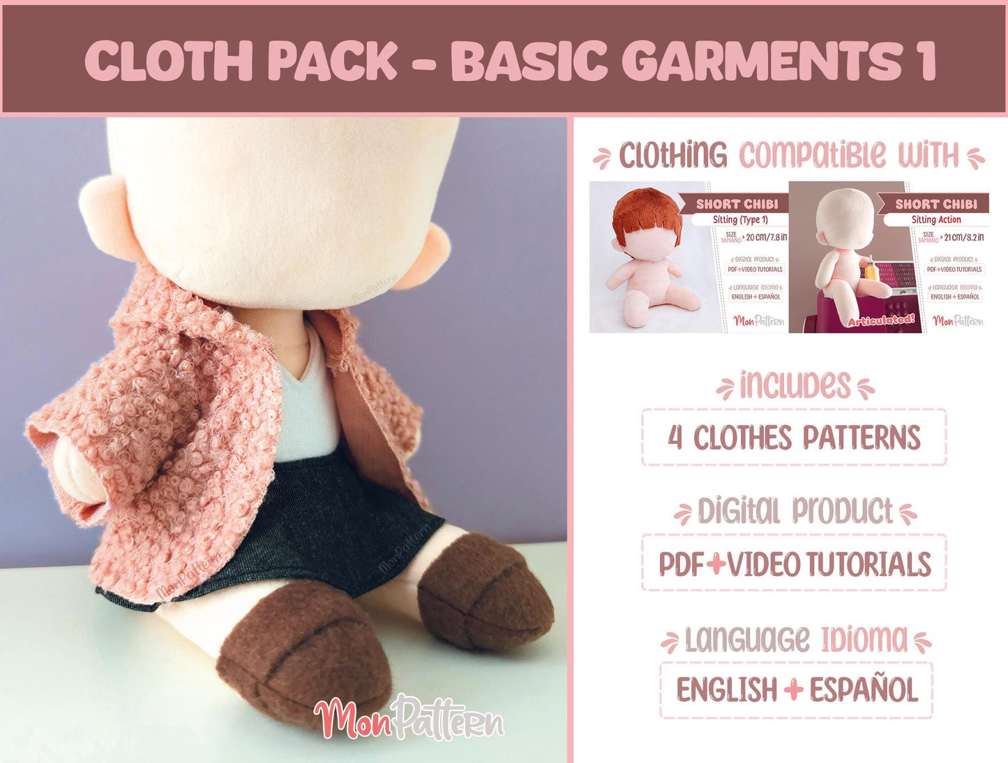 cloth pack - basic clothes 1 (for short chibi unisex + action). beginner doll clothing sewing patterns. digital pdf with video tutorials. anime plush.