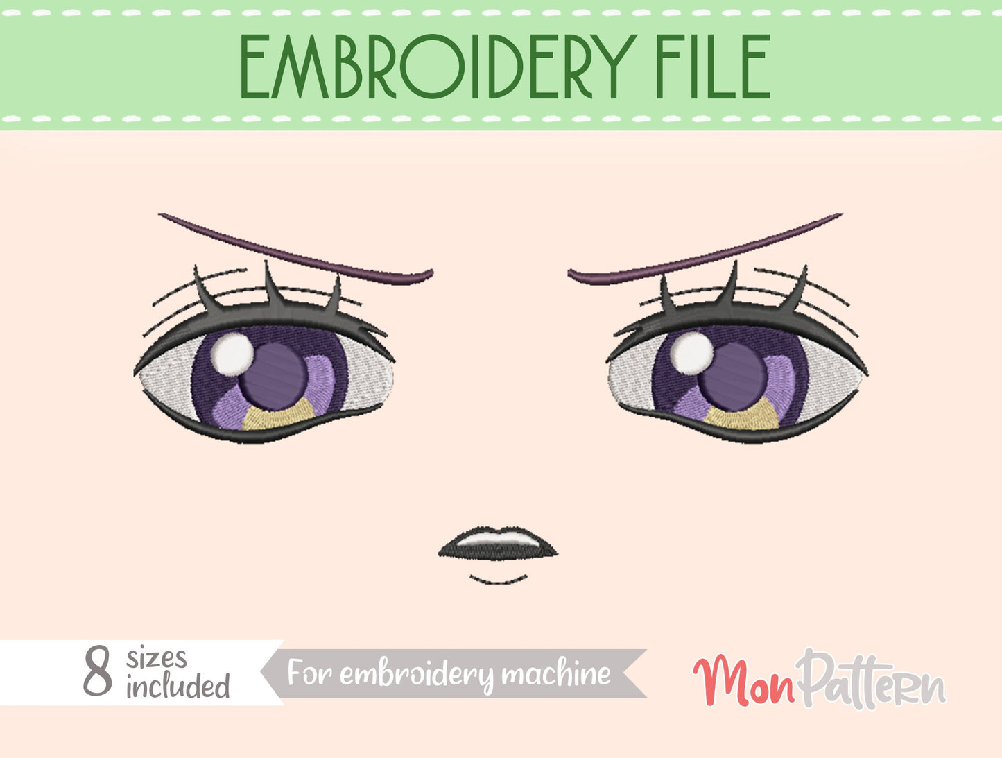 anime face for chibi plush - embroidery file - 8 sizes - digital english spanish tutorial