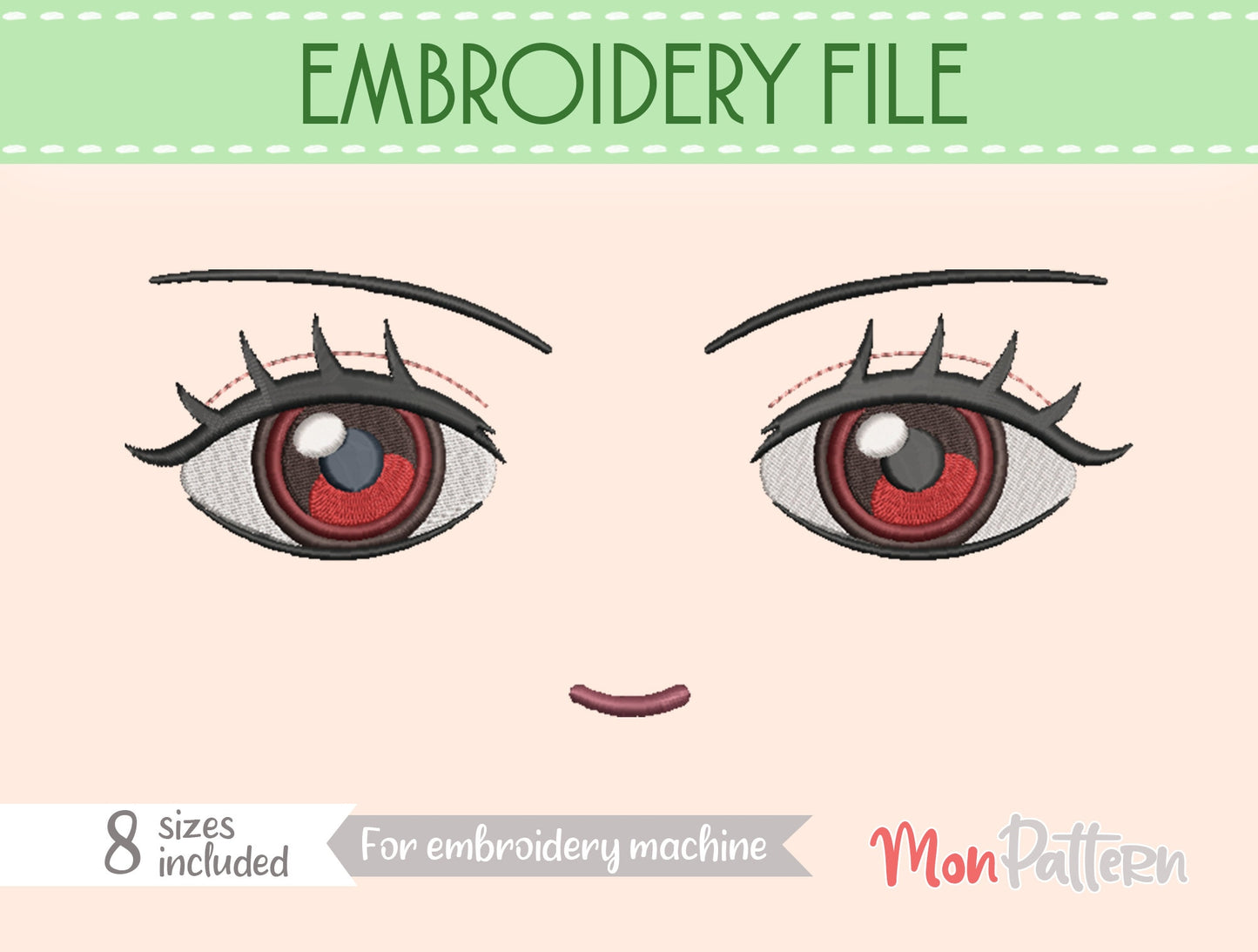 anime face for chibi plush - embroidery file - 8 sizes - digital english spanish tutorial.