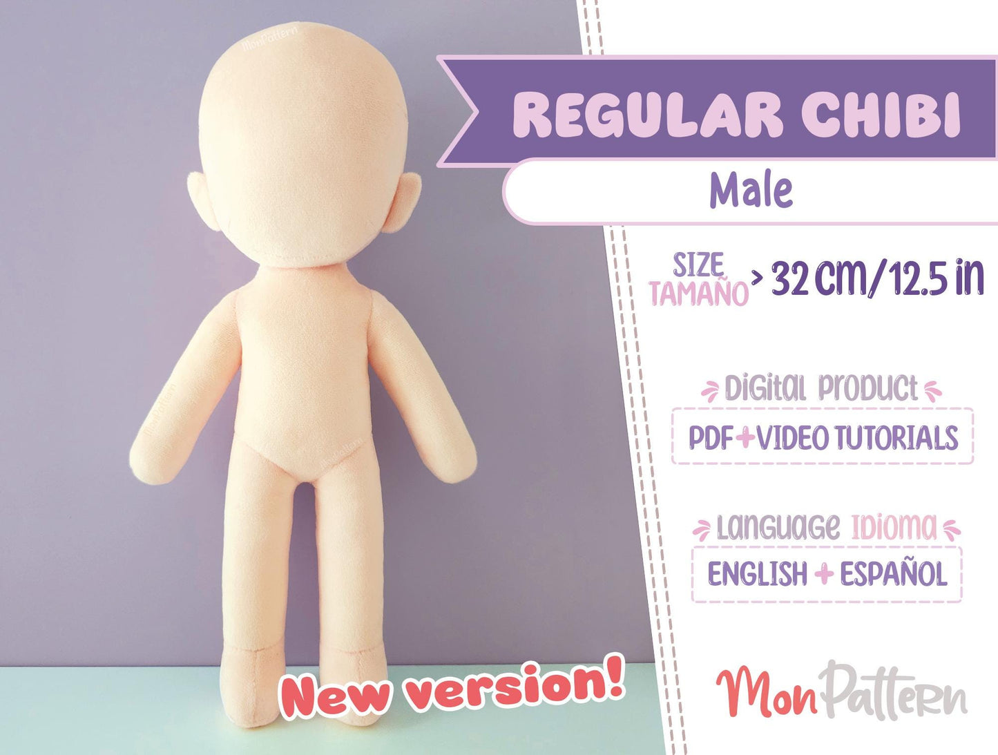 regular chibi male. digital pdf with video tutorials, 32 cm 12.5 in beginner anime plush sewing 