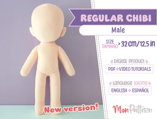 REGULAR CHIBI Male. Digital PDF with video tutorials, 32 cm 12.5 in Beginner Anime Plush Sewing 