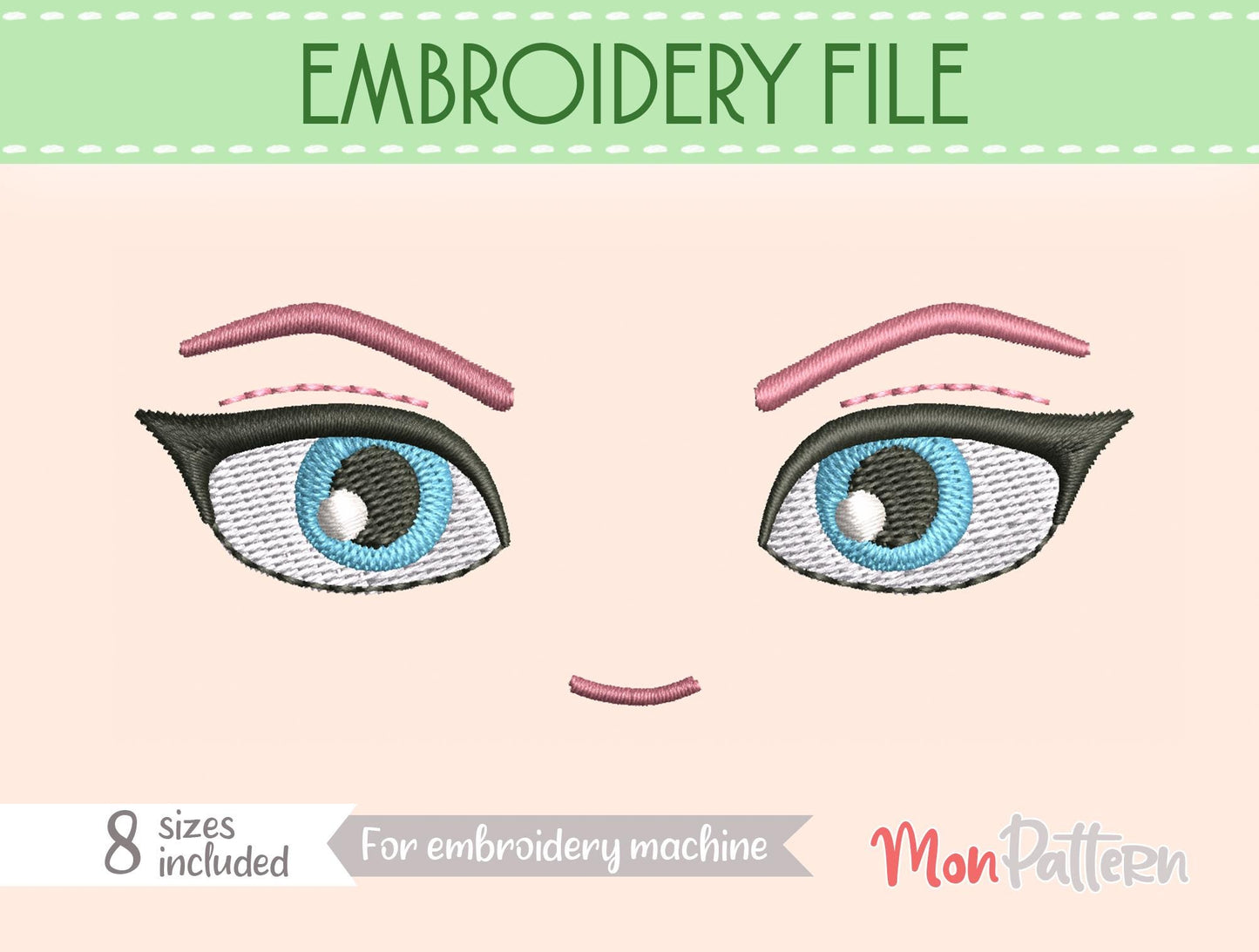 anime face for chibi plush - embroidery file - 8 sizes - digital english spanish tutorial.