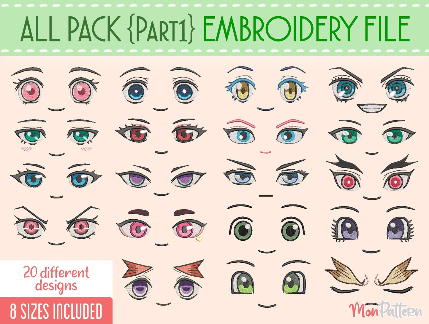 anime face for chibi plush - embroidery file - 8 sizes - digital english spanish tutorial