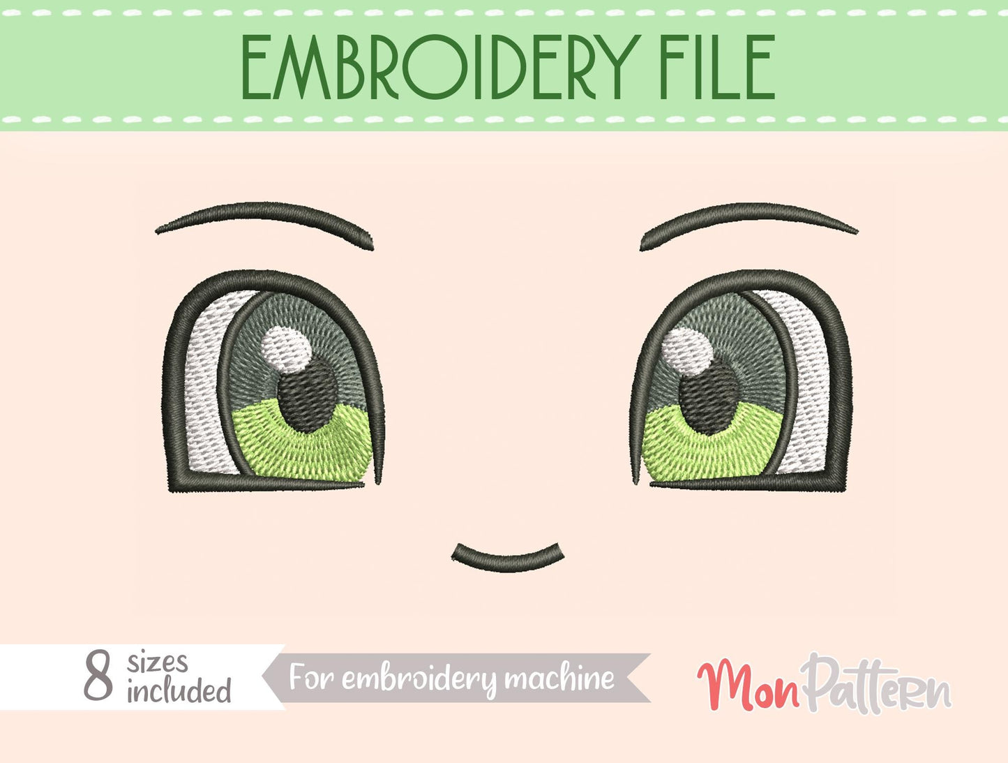 anime face for chibi plush - embroidery file - 8 sizes - digital english spanish tutorial.