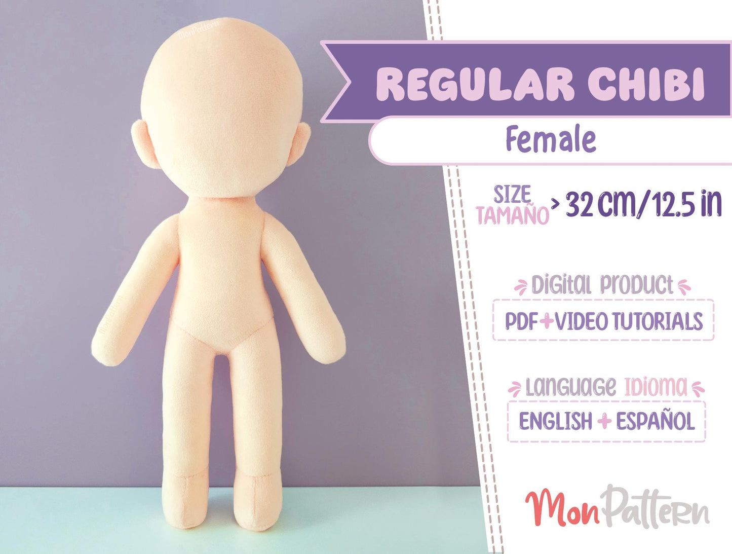 regular chibi female. digital pdf with video tutorials, 32 cm 12.5 in beginner anime plush sewing 