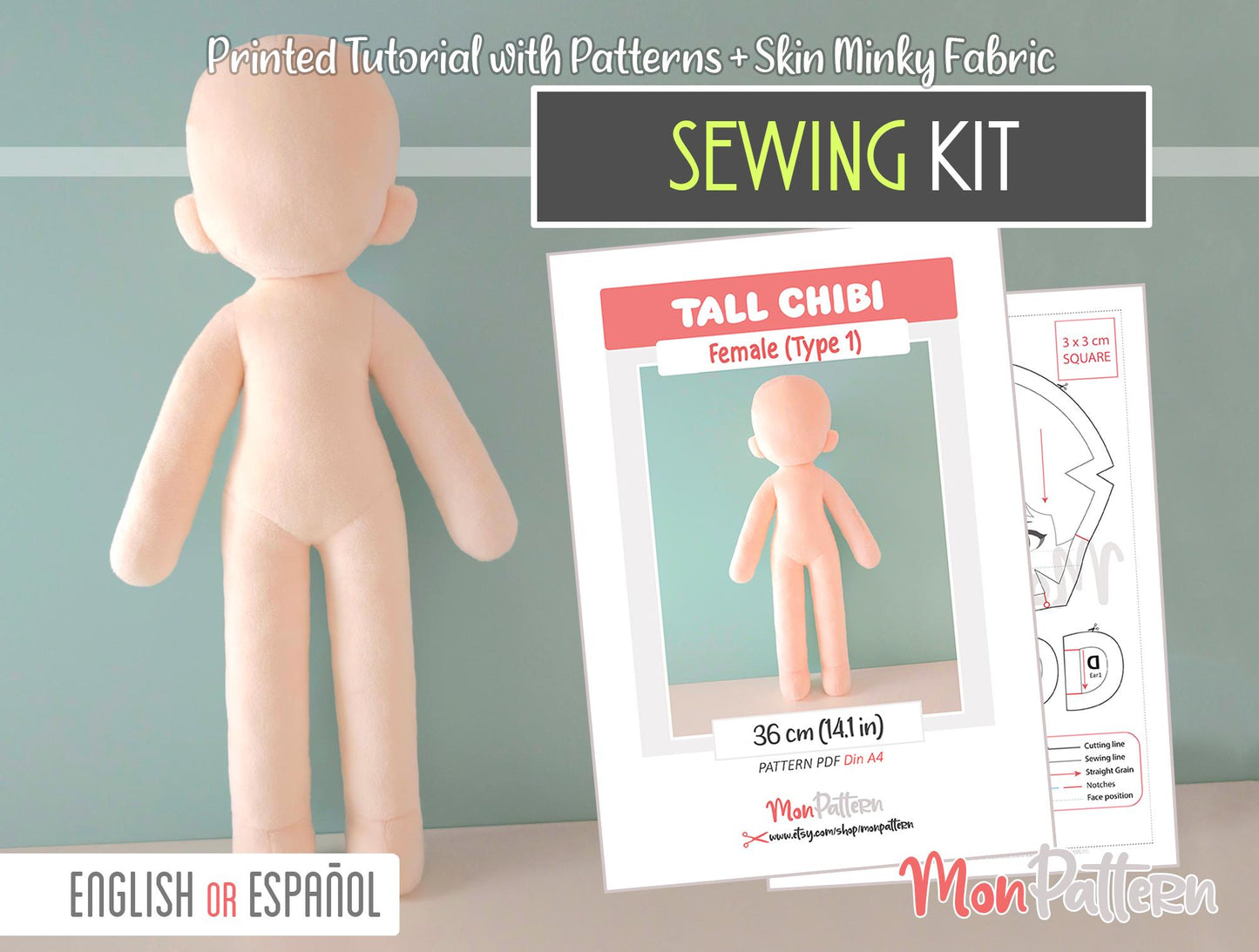 tall chibi female plush sewing pattern, sewing kit with minky fabric. 36 cm 14 in spanish or english tutorial for beginner