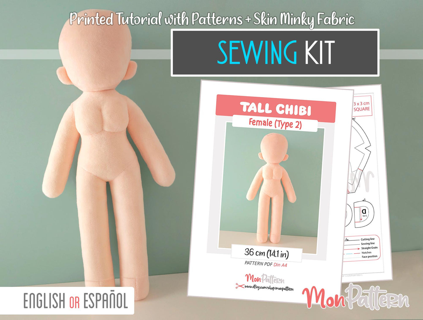 tall chibi female plush sewing pattern, sewing kit with minky fabric. 36 cm 14 in spanish or english tutorial for beginner