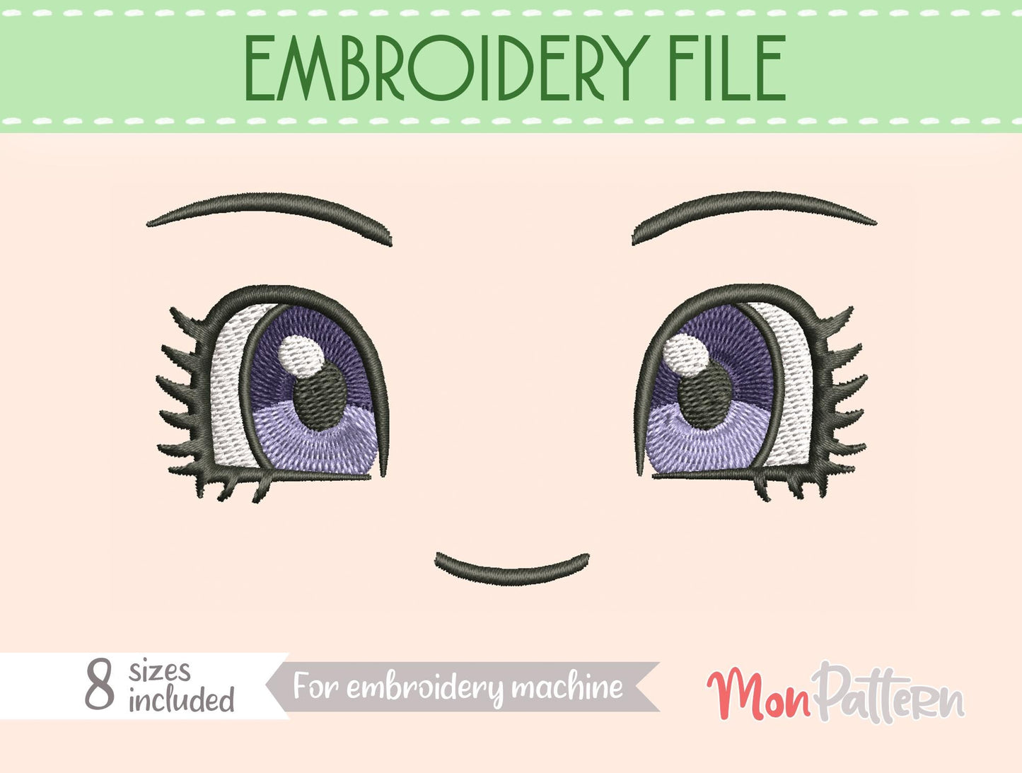 anime face for chibi plush - embroidery file - 8 sizes - digital english spanish tutorial