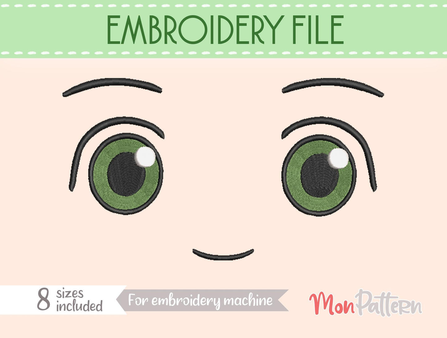 cute anime face for chibi plush - embroidery file - 8 sizes - digital english spanish tutorial