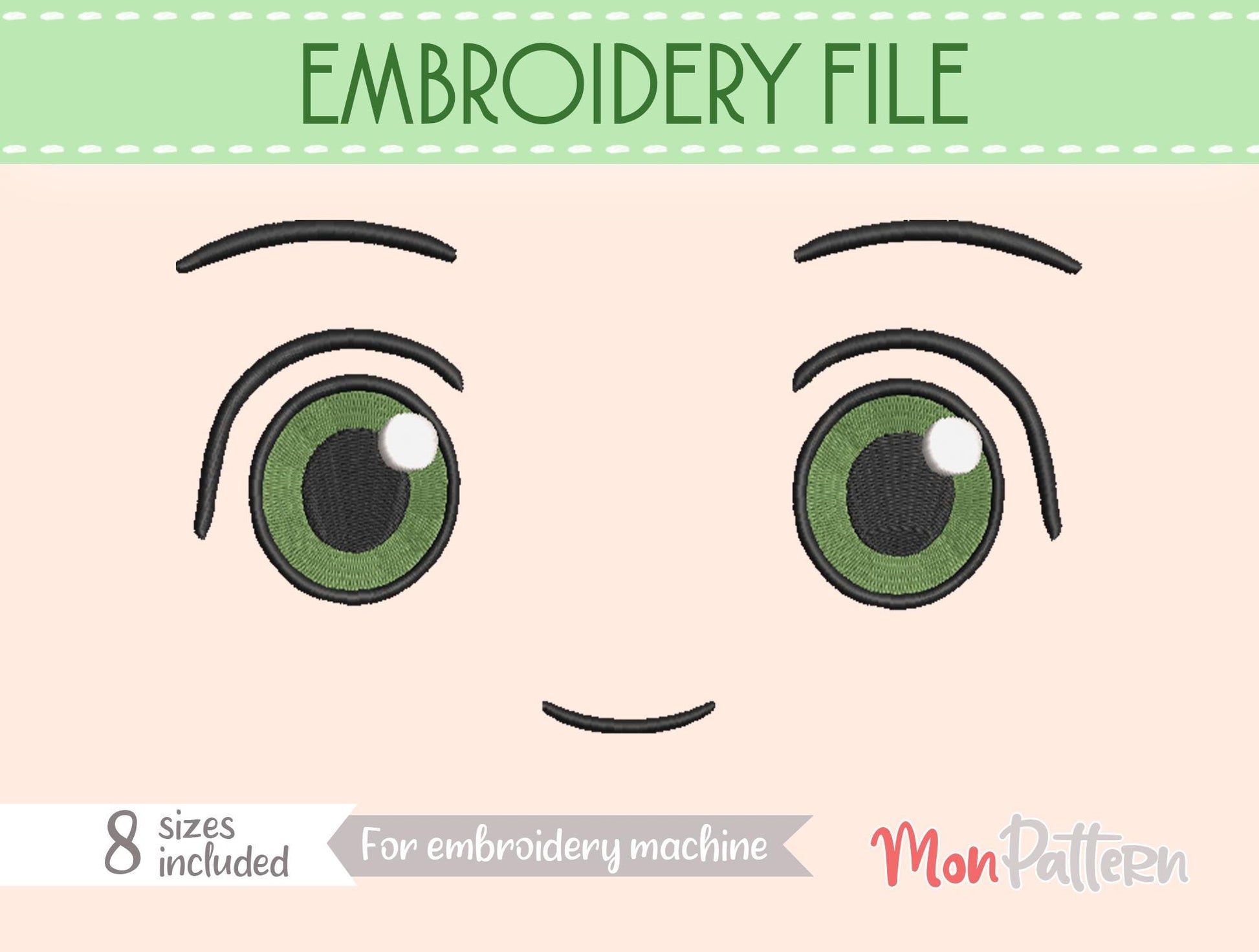 Cute Anime Face for Chibi plush - Embroidery File - 8 SIZES - Digital English Spanish tutorial