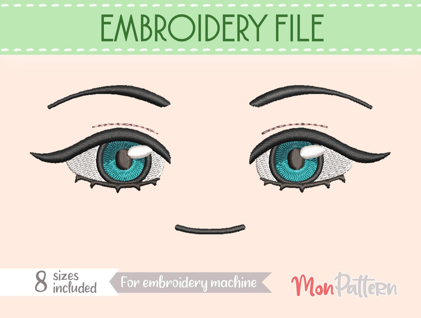 anime face for chibi plush - embroidery file - 8 sizes - digital english spanish tutorial