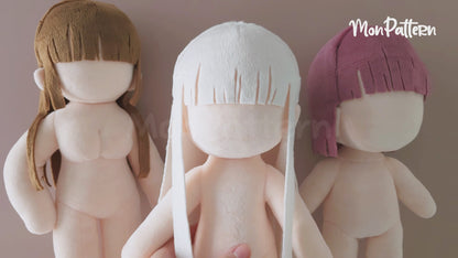 Straight Hair sewing pattern for Chibi plushies, long hair and bangs.